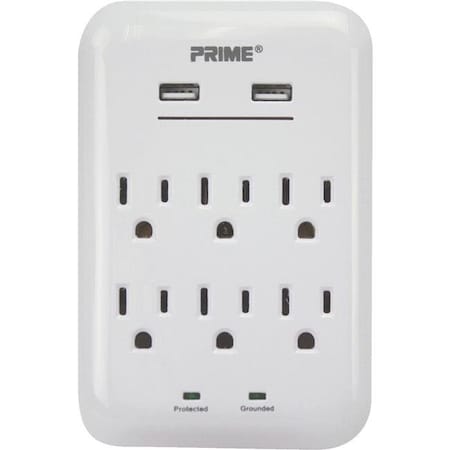 Prime-Line Prime Line PBUSB346S 125 V 6-Outlet & 3.4A 2-USB Charger with Surge Protection; White PBUSB346S